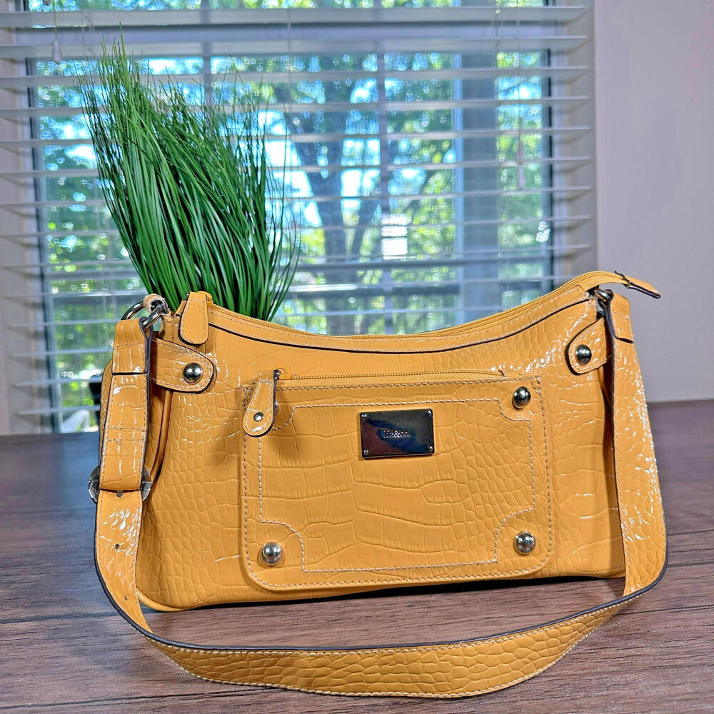 Liz & Co Yellow Croc-Embossed Patent Leather Shoulder Bag Studded Vintage Purse